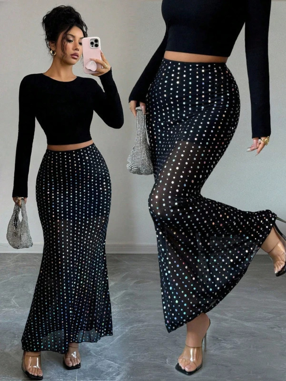 ZARA Sequin Double Layer Tulle High Waist Bodycon Slimming Vacation Date Skirt